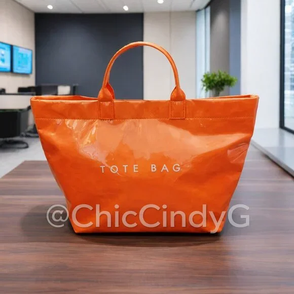 Large Orange Glossy PVC Tote Bag Lightweight Everyday Shopping Handbag - Picture 1 of 4